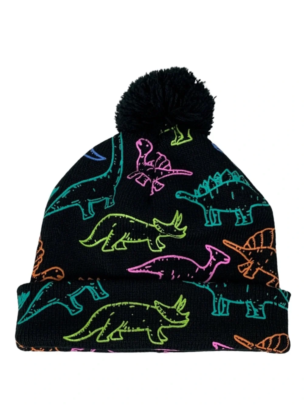Dinosaur Adventure Kids Beanie Black Multicolor Print One Size Neon Colorful